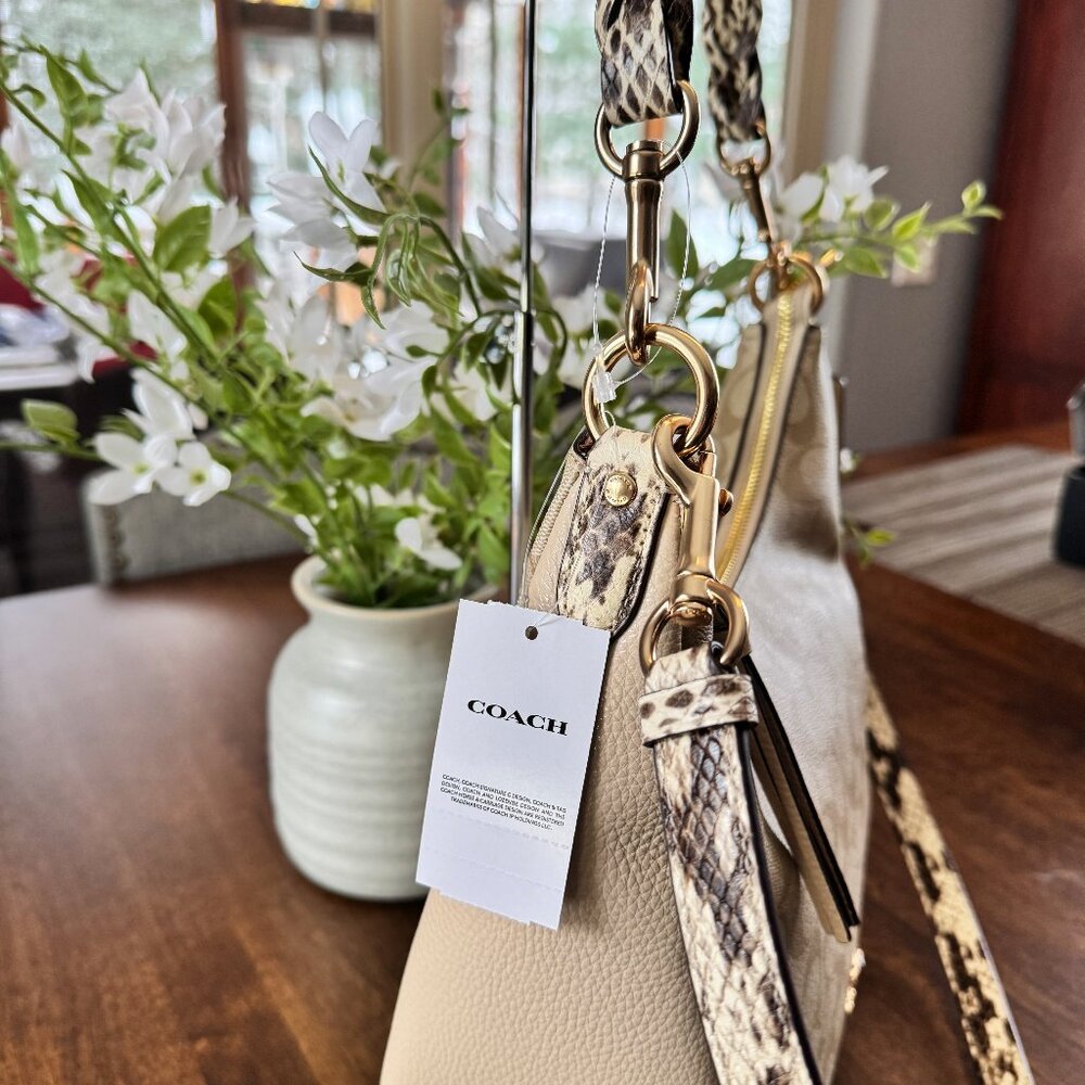 COACH Jules Hobo Pebble & Snake-Embossed Leather Bag Light Khaki/Ivory C9191 - Picture 2 of 9